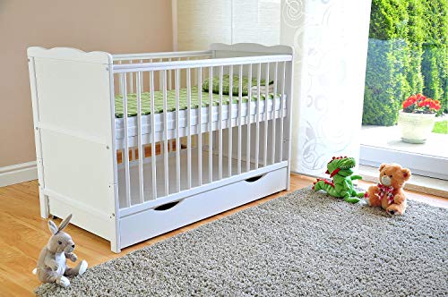 Solid Wood White Cot Bed with Drawer & Deluxe Mattress