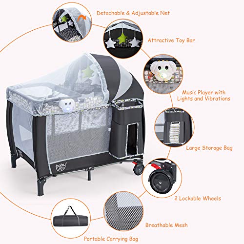 COSTWAY Portable Travel Cot with Changing Table and Music Box