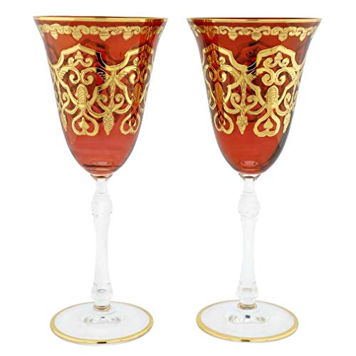 Murano Glass Wine Glasses 24K Gold Leaf, Red, Set