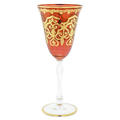 Murano Glass Wine Glasses 24K Gold Leaf, Red, Set
