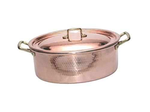 Handmade Italian Copper Oval Casserole Pan with Brass Handles