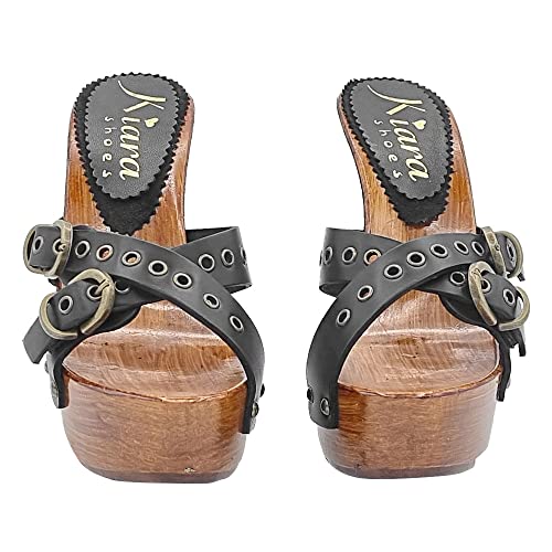 Kiara Women's Leather Clogs with Buckle - K9130 Nero