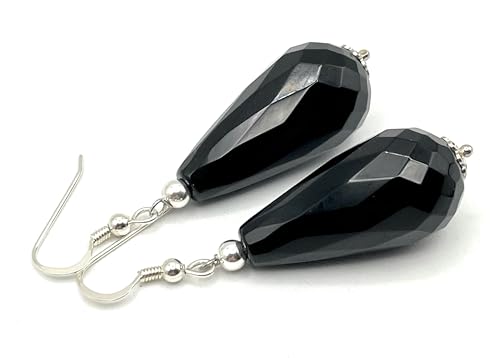 Italian Silver Black Onyx Drop Earrings - Birthday Gift