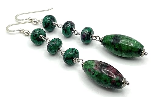 Italian Ruby Zoisite Silver Dangle Earrings, Green Gemstone