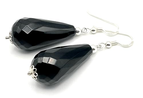 Italian Silver Black Onyx Drop Earrings - Birthday Gift