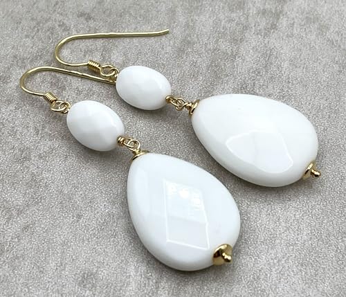 Italian White Agate Drop Earrings, Gold Vermeil Gemstone