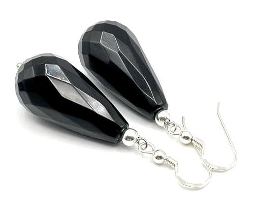 Italian Silver Black Onyx Drop Earrings - Birthday Gift