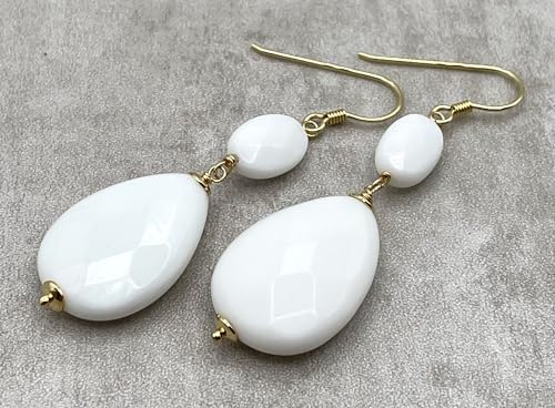 Italian White Agate Drop Earrings, Gold Vermeil Gemstone