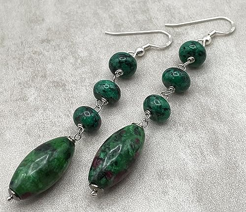Italian Ruby Zoisite Silver Dangle Earrings, Green Gemstone