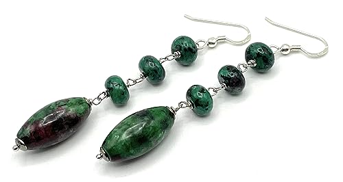 Italian Ruby Zoisite Silver Dangle Earrings, Green Gemstone