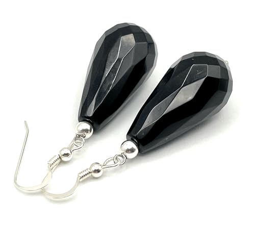 Italian Silver Black Onyx Drop Earrings - Birthday Gift