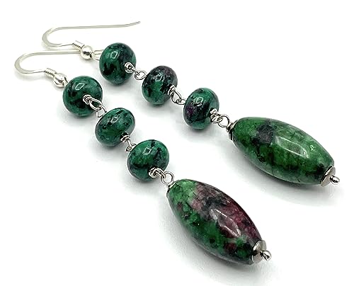 Italian Ruby Zoisite Silver Dangle Earrings, Green Gemstone