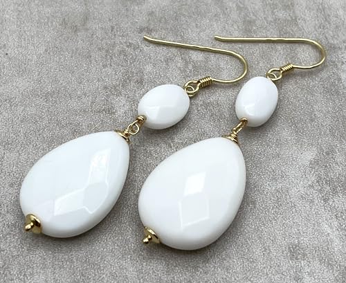 Italian White Agate Drop Earrings, Gold Vermeil Gemstone