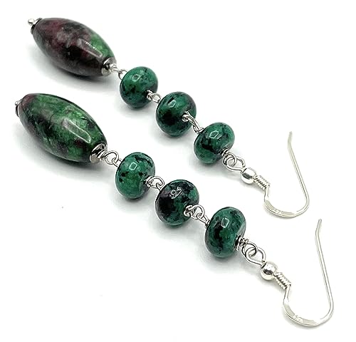 Italian Ruby Zoisite Silver Dangle Earrings, Green Gemstone