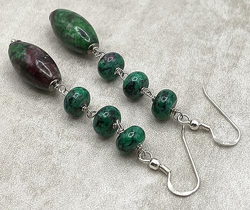 Italian Ruby Zoisite Silver Dangle Earrings, Green Gemstone
