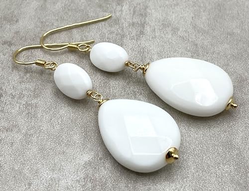 Italian White Agate Drop Earrings, Gold Vermeil Gemstone