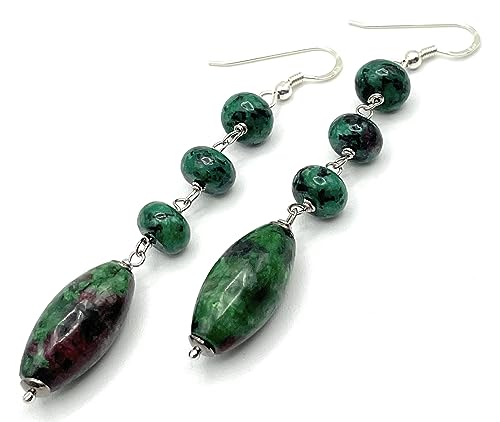 Italian Ruby Zoisite Silver Dangle Earrings, Green Gemstone
