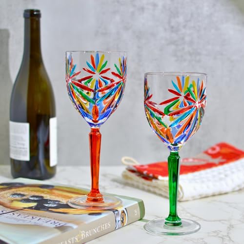 Handmade Italian Crystal Wine Glasses, Starburst Design, Set