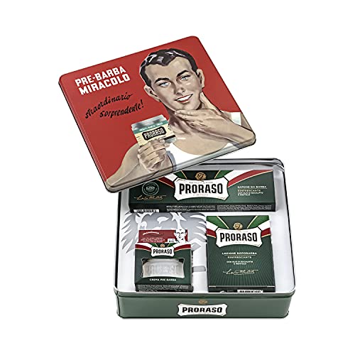 Proraso Shaving Kit for Men | Refreshing and Toning Pre-Shave Cream, Shaving Cream Tube and After Shave Balm in Vintage Gino Tin | All Skin Types