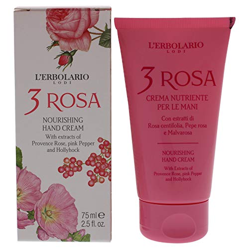 L'Erbolario 3 Rosa Nourishing Hand Cream - Maintains Your Skin's Youthful Appearance - Protects The Freshness Of Your Hands - Appealing And Tantalizing Perfumed Notes Of 3 Roses - 2.5 Oz