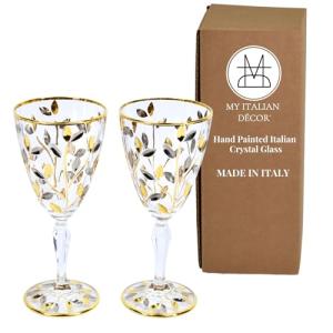 Italian Crystal Flowervine Wine Glasses, Platinum/Gold, Set of 2