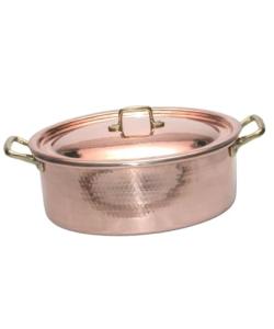 Handmade Italian Copper Oval Casserole Pan with Brass Handles