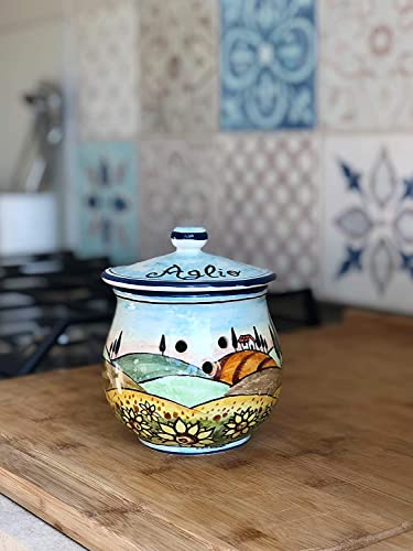 Arte Parrini Italian Ceramic Garlic Jar Holder Sunflowers