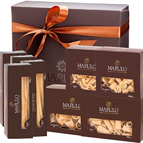 8 Pack, Artisan Italian Gourmet Homemade Pasta Gift Basket Box Set, Gourmet Bronze Cut Pasta Set, Luxury Gold Line Box, (Tagliatelle, Linguine Spaghetti Oplontini, Bucatini, Paccheri, Rigatoni, Caserecce, Tritone Oplontino), Marulo