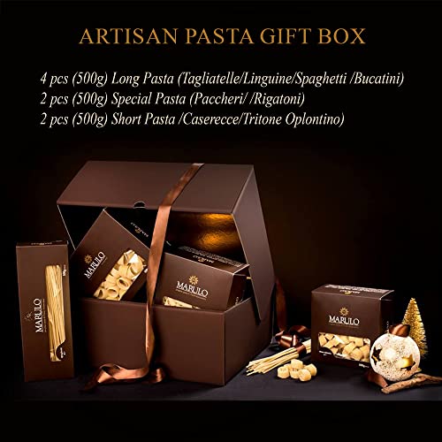 8 Pack, Artisan Italian Gourmet Homemade Pasta Gift Basket Box Set, Gourmet Bronze Cut Pasta Set, Luxury Gold Line Box, (Tagliatelle, Linguine Spaghetti Oplontini, Bucatini, Paccheri, Rigatoni, Caserecce, Tritone Oplontino), Marulo