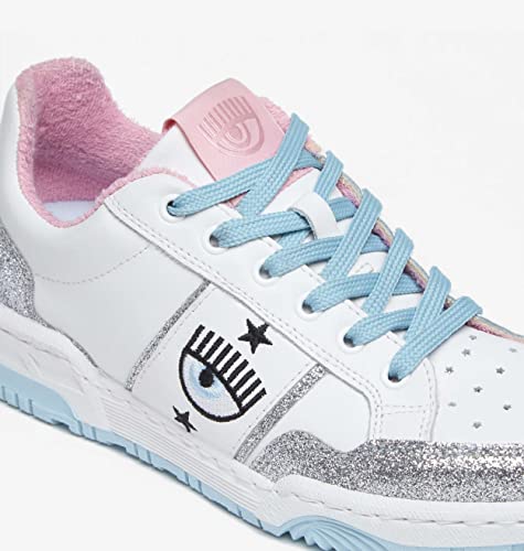 White Silver Glitter Sneakers with Blue Details - Size 39 (IT, EU) 5.5 (UK)