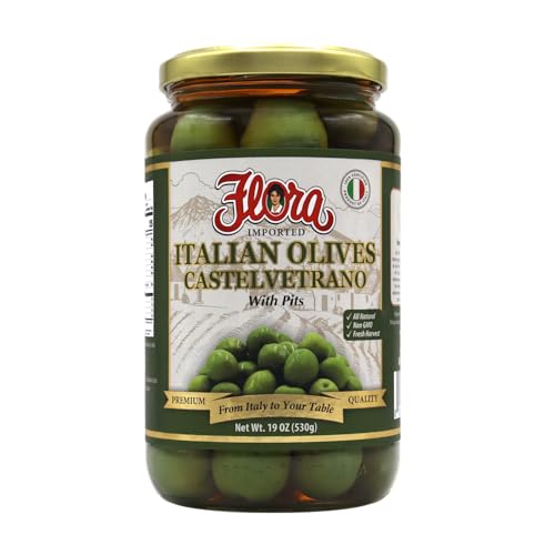Flora Foods Italian Olives Castelvetrano with Pits | Sicilian Olives | 19 oz (530g) | 100% Italian | All Natural | Non GMO | Fresh Harvest