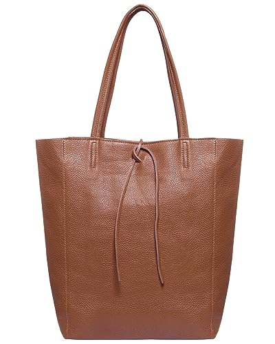Italian Leather Tote Bag with Zipper - Camel Color
