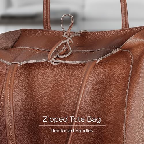 Italian Leather Tote Bag with Zipper - Camel Color