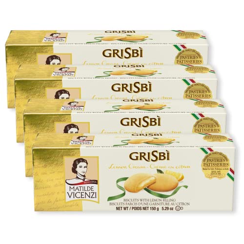 Grisbi Lemon Cream by Matilde Vicenzi | Lemon Filled Vanilla Patisserie Pastry Cookie| Kosher, Dairy | Made in Italy | 5.29oz (150g) Box, 4-Pack