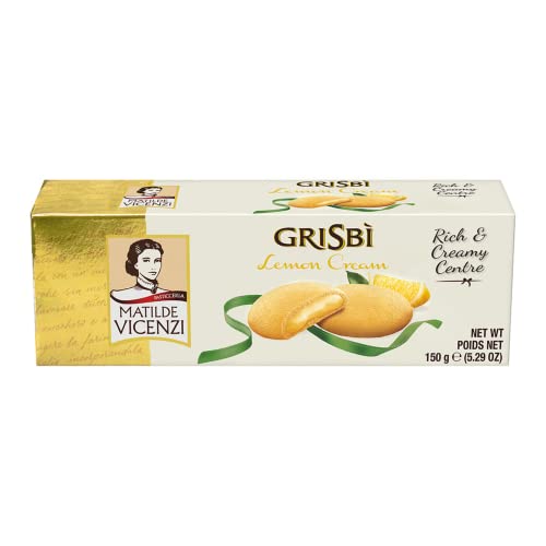 Grisbi Lemon Cream by Matilde Vicenzi | Lemon Filled Vanilla Patisserie Pastry Cookie| Kosher, Dairy | Made in Italy | 5.29oz (150g) Box, 4-Pack