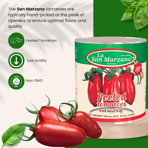 Large Can, La San Marzano Peeled Plum Tomatoes in Puree with Basil Leaf, 106 oz (#10 Can), Premium Quality, 100% Product of Italy, Authentic Italian Flavor