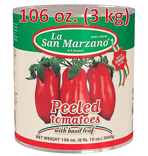 Large Can, La San Marzano Peeled Plum Tomatoes in Puree with Basil Leaf, 106 oz (#10 Can), Premium Quality, 100% Product of Italy, Authentic Italian Flavor