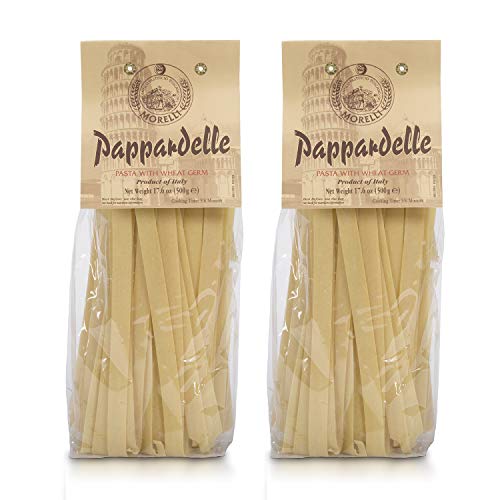 Morelli Pappardelle Pasta Noodles - Organic Pasta With Wheat Germ - Imported Pasta from Italy, Pappardelle Noodles Pasta, Wide Noodles, 17.6oz (500g) - Pack of 2