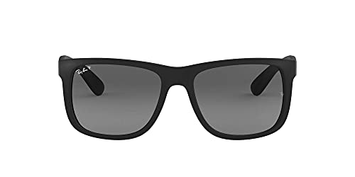 Ray-Ban RB4165 Justin Rectangular Sunglasses, Rubber Black/Polarized Light Grey Gradient Grey, 55 mm