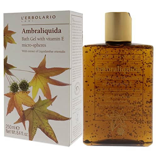 L'Erbolario - Ambraliquida - Bath Gel - Infused with Vitamin E Micro-Spheres - Toning and Protective Skin Support - Amber, Creamy Fragrance, 8.4 oz