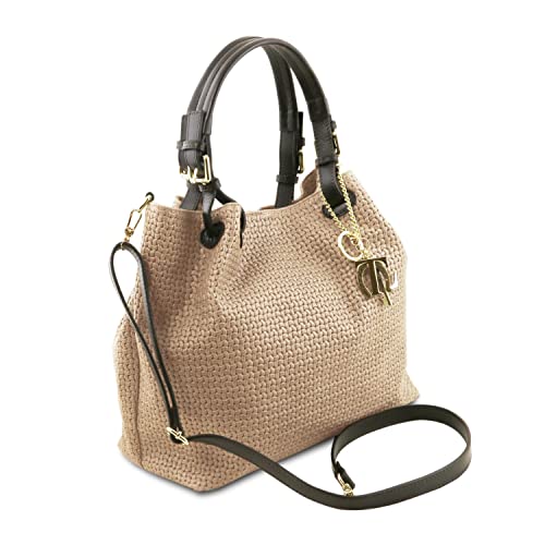 Tuscany KeyLuck Woven Leather Shopping Bag in Beige