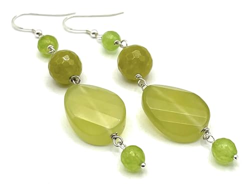 Italian Made Olive Green Jade and Quartz Earrings