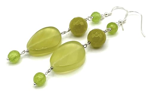 Italian Made Olive Green Jade and Quartz Earrings