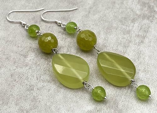 Italian Made Olive Green Jade and Quartz Earrings