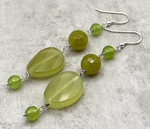 Italian Made Olive Green Jade and Quartz Earrings