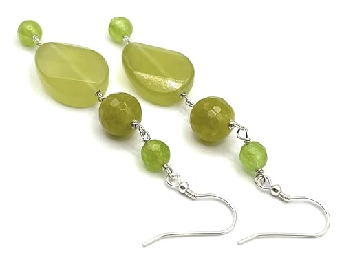 Italian Made Olive Green Jade and Quartz Earrings