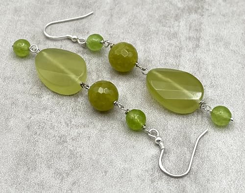 Italian Made Olive Green Jade and Quartz Earrings