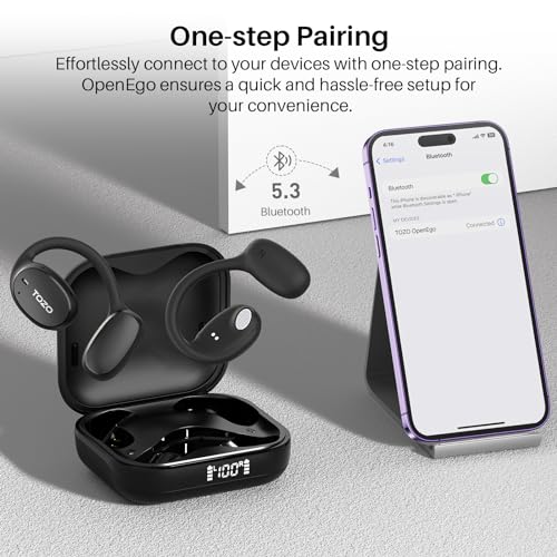 TOZO OpenEgo True Wireless Open Ear Headphone,5.3 Bluetooth Sport Earbuds with Earhooks for Long Time Playback with Digital Display, Dual Mic Clear Call Sweat-Proof for Running Workout