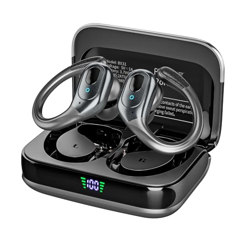 Wireless Earbuds Bluetooth Headphones 75Hrs Playback with LED Diaplay Charging Case Noise Cancelling Ear buds with Earhooks, IPX7 Waterproof Over Ear Earphones for Sports Running Workout,Black