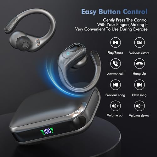 Wireless Earbuds Bluetooth Headphones 75Hrs Playback with LED Diaplay Charging Case Noise Cancelling Ear buds with Earhooks, IPX7 Waterproof Over Ear Earphones for Sports Running Workout,Black
